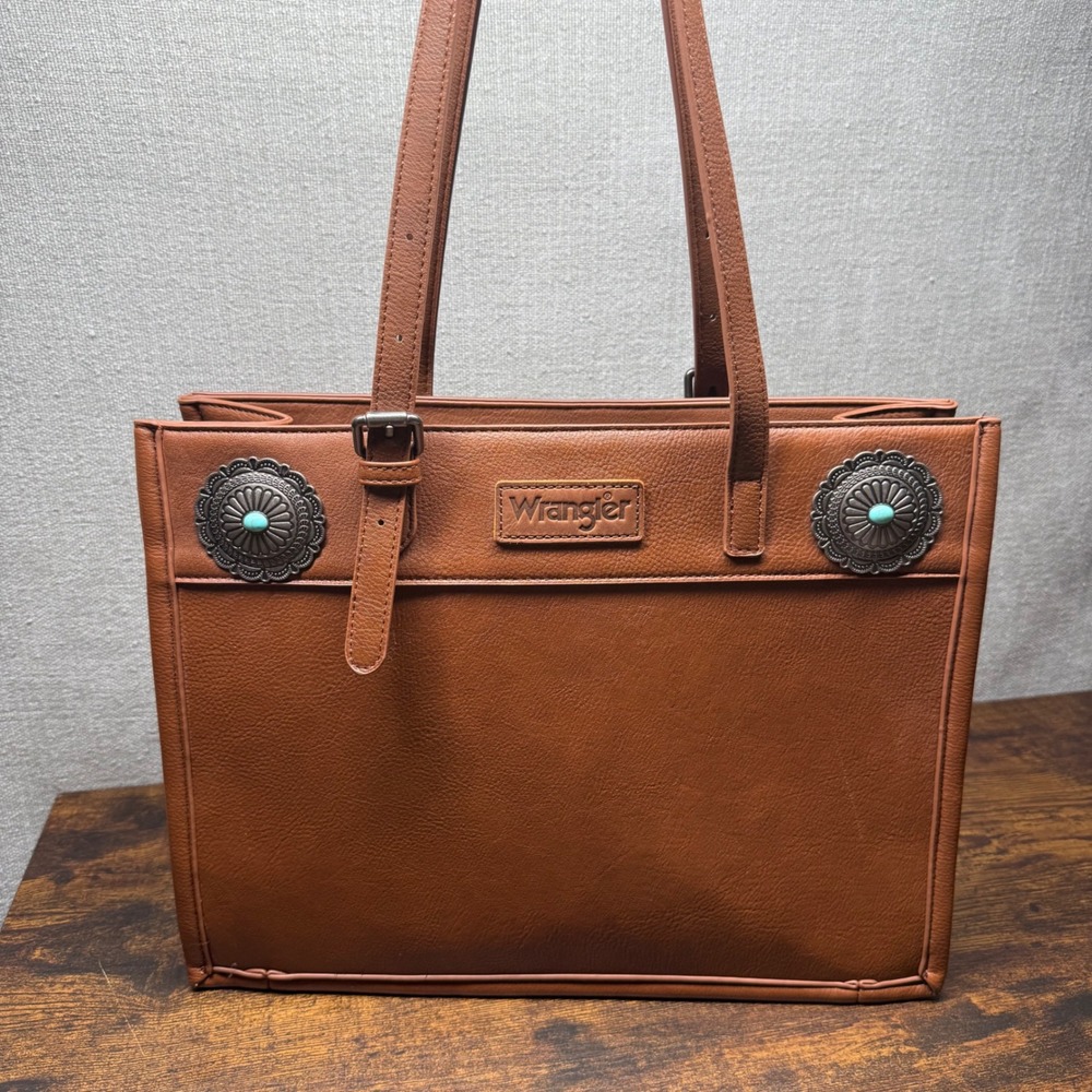 Wrangler Western Tote Bag‎ Brown Vegan Leather Concho Turquoise Large Handbag